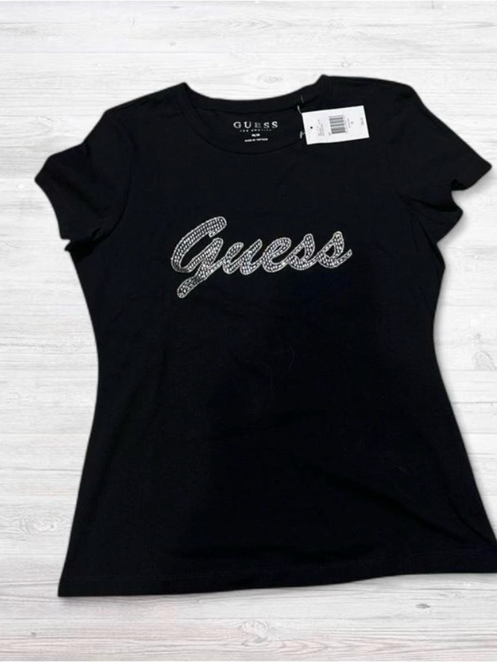 Guess Black Short Sleeve Tee with Rhinestone Script Logo